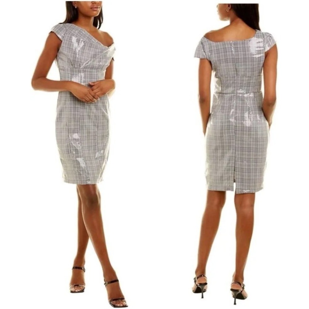 Eva Franco Grey Plaid Sequin Sheath Dress Asymmetrical Off Shoulder Size 6 NEW